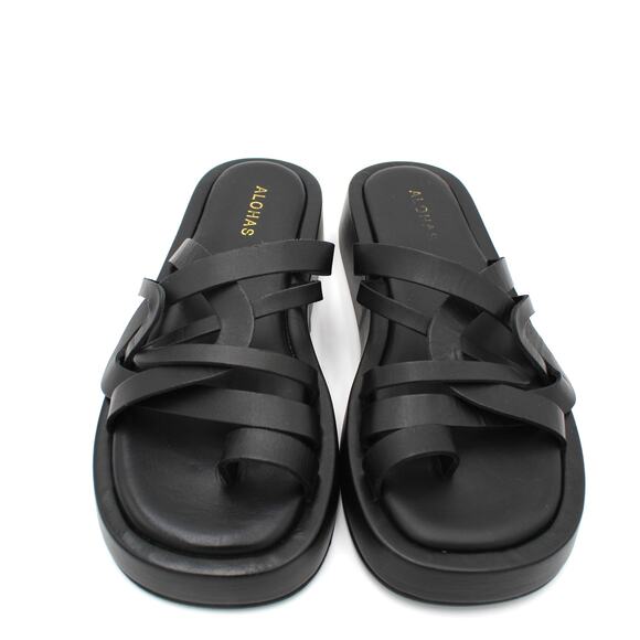 Alohas Sandals Womens 8 Leather Black Loop Strappy Platform Slide Minimalist - Picture 3 of 8